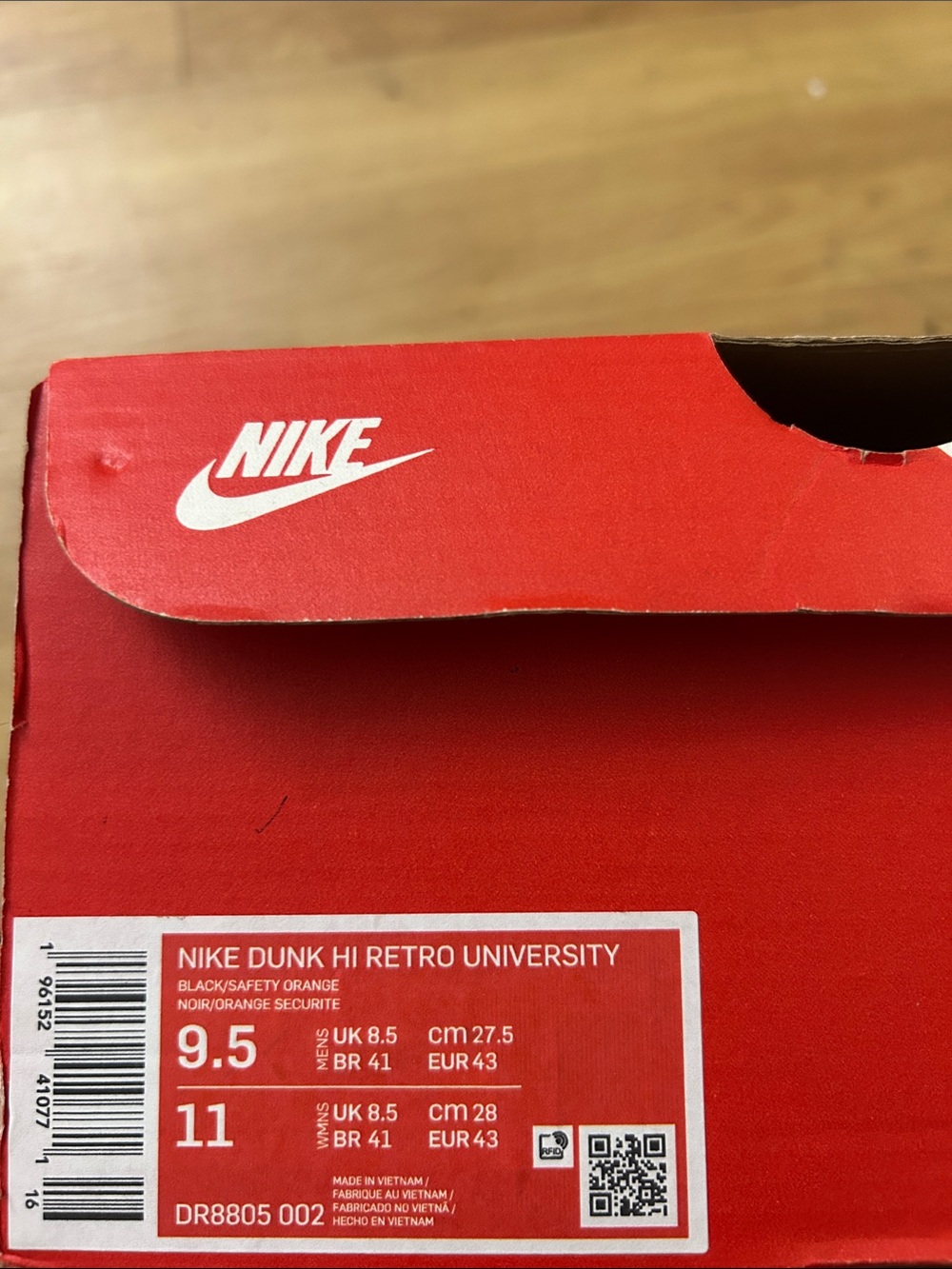 Nike Dunk Hi Retro Univ. Orange/Black High-Top Sneakers Textured Swoosh 11/9.5 - Picture 8 of 8
